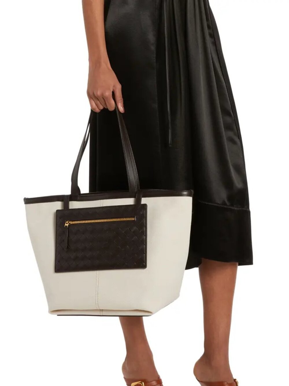 NWT Bottega Veneta Flip Pouch Canvas Tote Natural Brown Intrecciato Leather